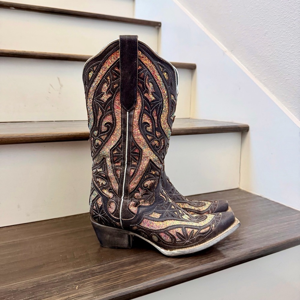 JB Dillon Reserve Sequin Inlay Western Snip Toe Boots Size 6.5